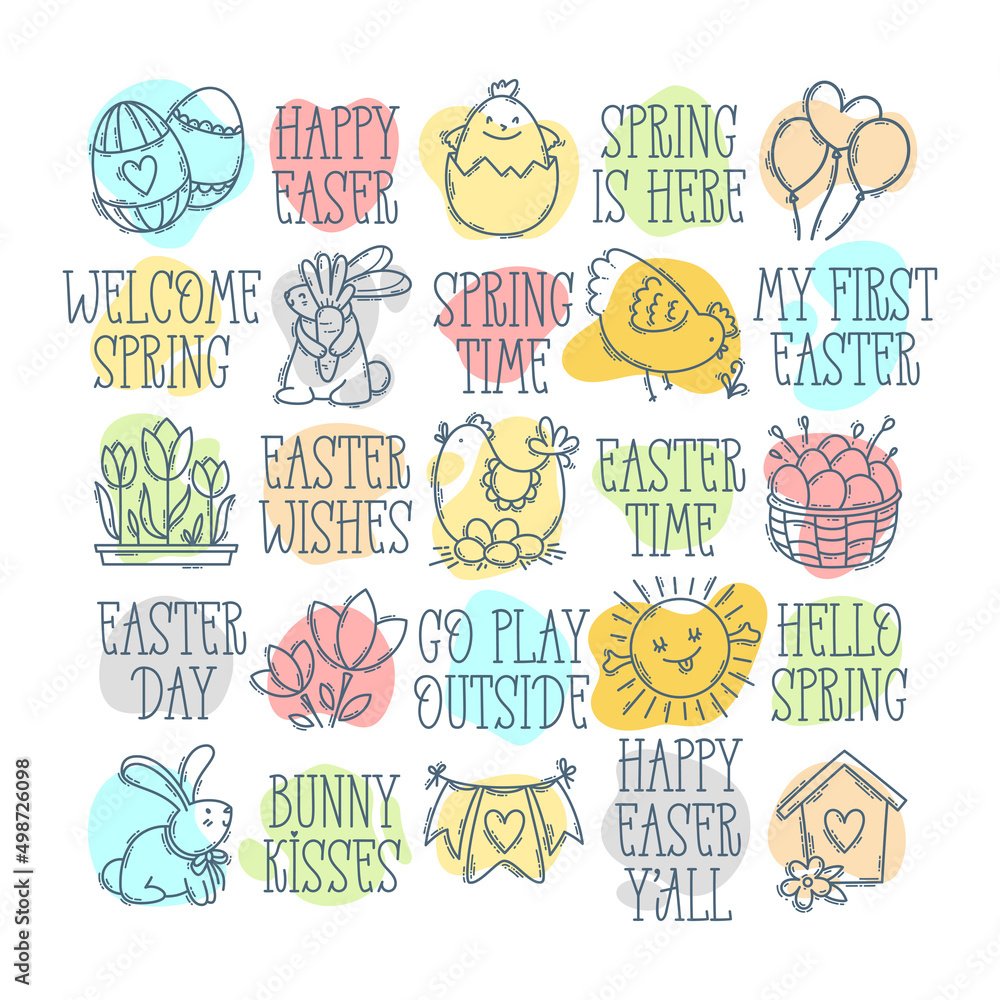 Easter hand-drawn doodle icon set with simple engraving effect and abstract blob shape. Cute symbols and elements collection.