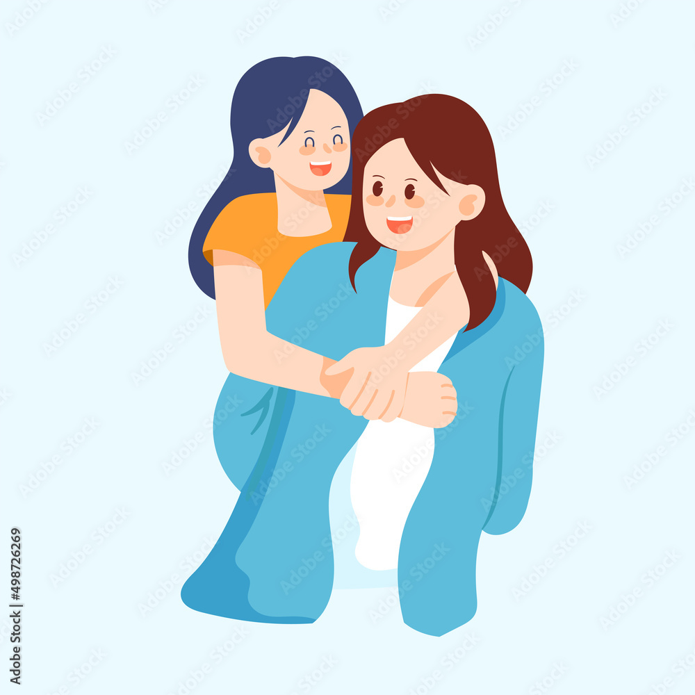 Mother's day girl hugs her mother with various plants and flowers in the background, vector illustration