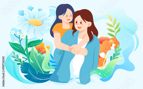 Mother's day girl hugs her mother with various plants and flowers in the background, vector illustration