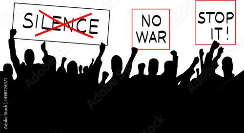 illustration of crowd with no war, stop war placards.