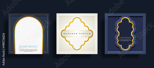 Set greeting card islamic background template with design technique made with texture and decorative colorful details of Islamic art ornaments floral mosaic vector illustration