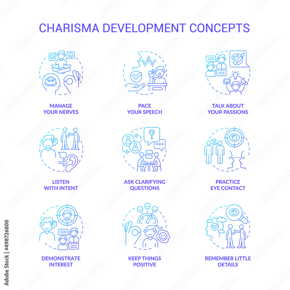 Charisma development blue gradient concept icons set. Communication tactics. Self presentation idea thin line color illustrations. Isolated symbols. Roboto-Medium, Myriad Pro-Bold fonts used
