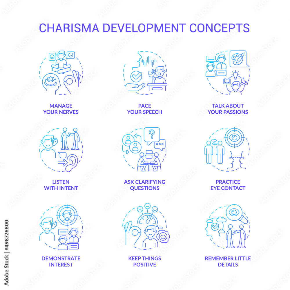 Charisma development blue gradient concept icons set. Communication tactics. Self presentation idea thin line color illustrations. Isolated symbols. Roboto-Medium, Myriad Pro-Bold fonts used Charisma development blue gradient concept icons set. Communication tactics. Self presentation idea thin line color illustrations. Isolated symbols. Roboto-Medium, Myriad Pro-Bold fonts used