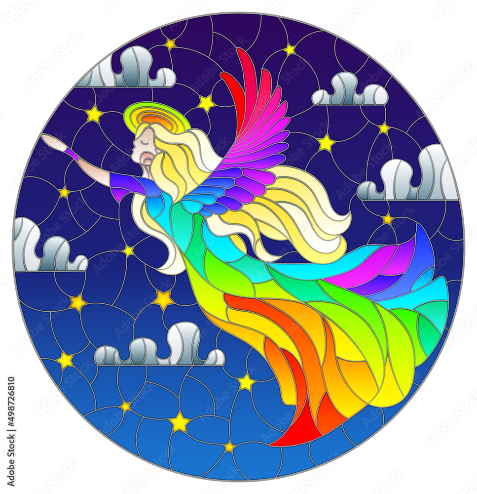 Fototapeta premium An illustration in the style of a stained glass window with an angel girl in a rainbow dress on the background of a starry night sky