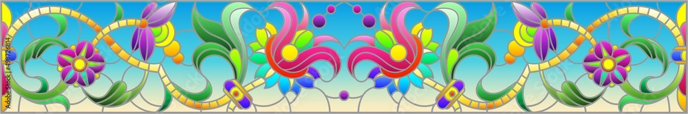 Illustration in stained glass style with abstract flowers, leaves and curls on a blue background, rectangular horizontal image Illustration in stained glass style with abstract flowers, leaves and curls on a blue background, rectangular horizontal image