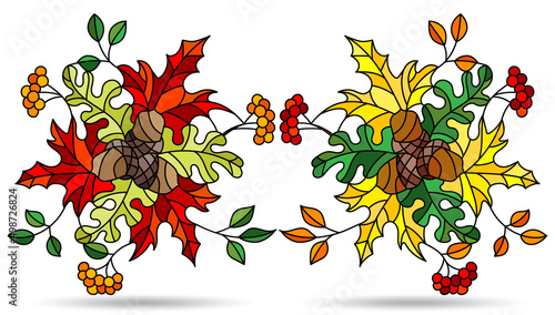 A set of stained glass-style illustration with autumn compositions, leaves, berries and fruits isolated on a white background