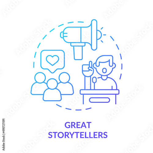 Great storytellers blue gradient concept icon. Oratory skills. Charismatic people characteristic abstract idea thin line illustration. Isolated outline drawing. Myriad Pro-Bold font used