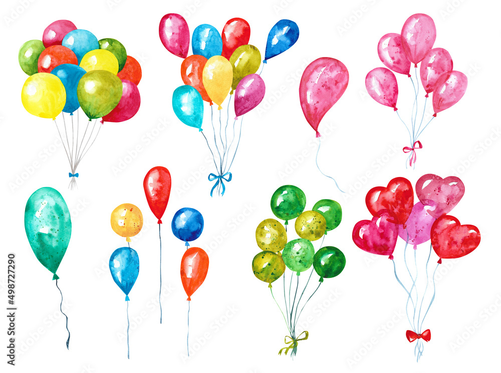 Watercolor balloons. Colored balloons for holiday cards