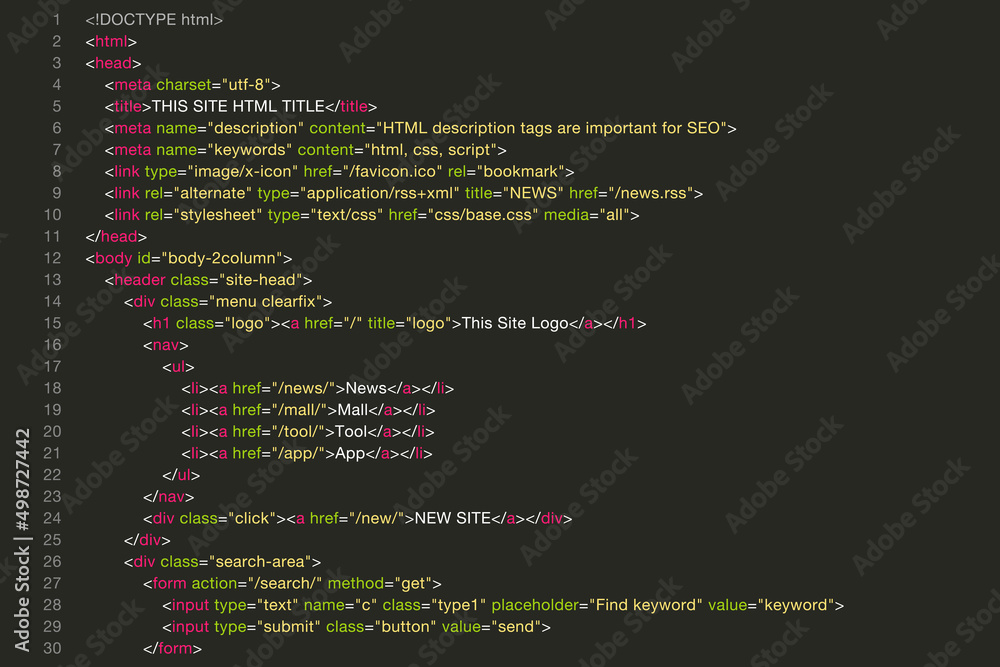 Vetor Do Stock ホームページのhtmlソースコード コーディング黒画面のベクターイラスト素材 Adobe Stock