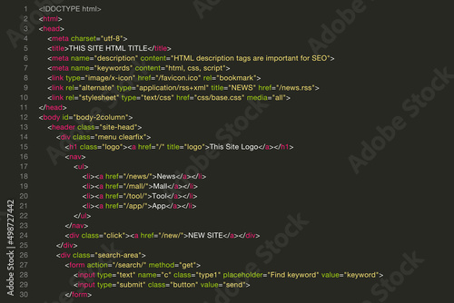 ホームページのHTMLソースコード、コーディング黒画面のベクターイラスト素材 photo