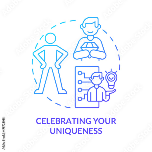 Celebrating your uniqueness blue gradient concept icon. Self appreciation. Charisma benefit abstract idea thin line illustration. Isolated outline drawing. Myriad Pro-Bold font used
