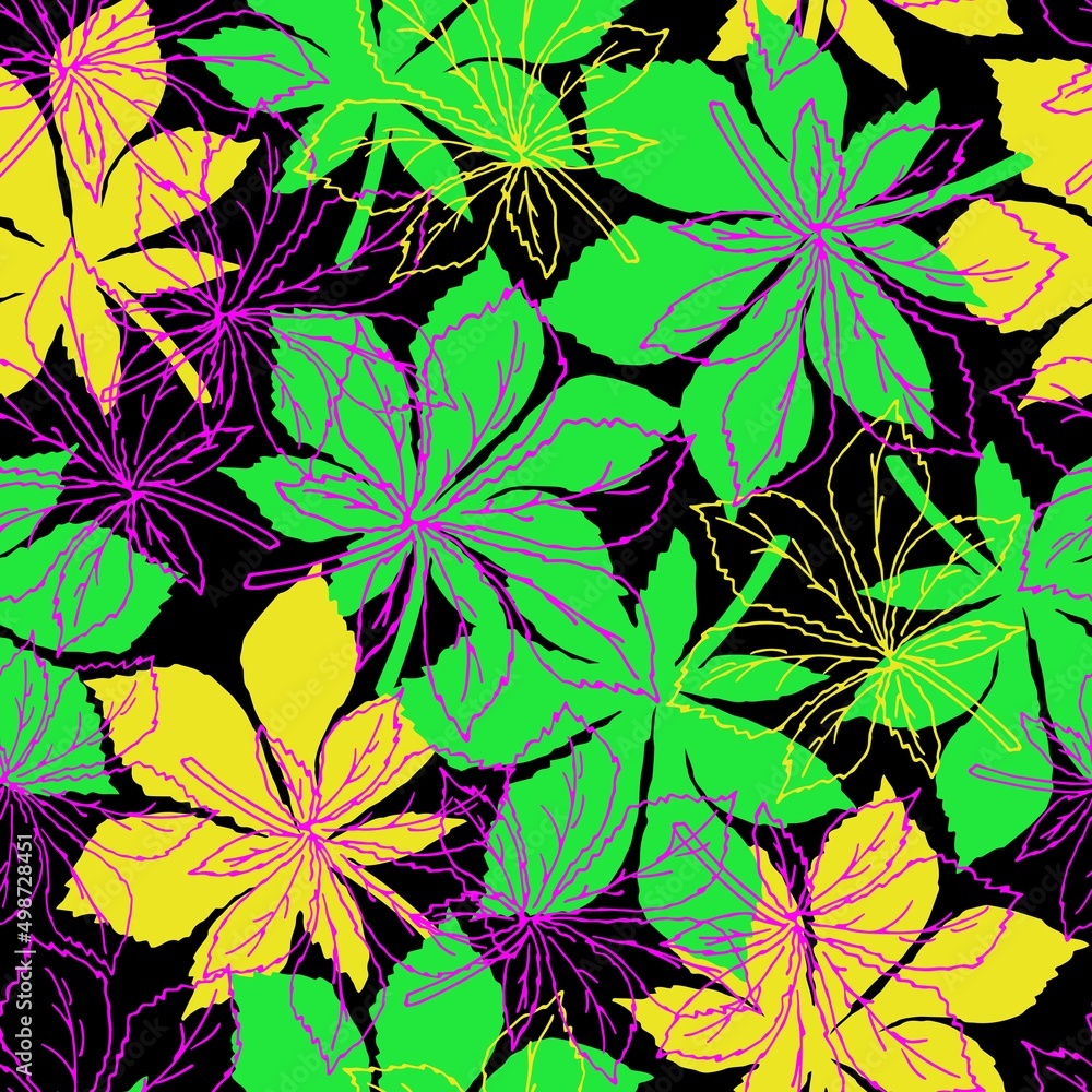 Seamless pattern with falling leaves of chestnut on black background. For textile, gift paper, wallpaper, poster. Seamless pattern with falling leaves of chestnut on black background. For textile, gift paper, wallpaper, poster.