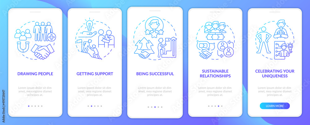 Charisma benefits blue gradient onboarding mobile app screen. Walkthrough 5 steps graphic instructions pages with linear concepts. UI, UX, GUI template. Myriad Pro-Bold, Regular fonts used