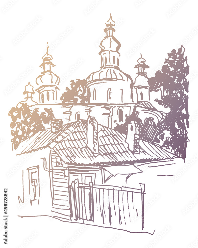 Hand drawn vintage ink and pen sketch landscape. Wooden house on the old street, garden and church with Ukrainian Baroque domes in Chernihiv. Vector Golden contour line on a white background