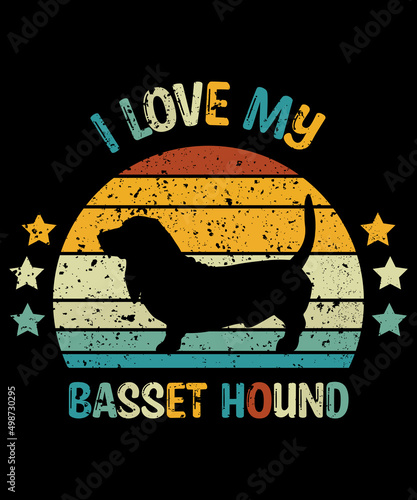 Basset Hound Retro Vintage Sunset T-shirt Design template, Basset Hound on Board, Car Window Sticker, POD, cover, Isolated white background, White Dog Silhouette Gift for Basset Hound Lover photo