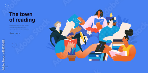 Books graphics -book week events. Modern flat vector concept illustrations of reading people - a group of men and women reading and sharing books and e-books on tablets sitting surrounded by plants