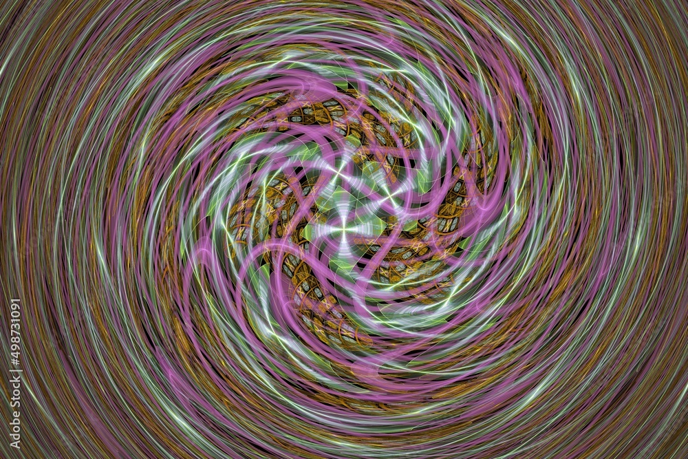 Green pink swirling pattern of crooked waves on a black background. Abstract image. 3D fractal rendering Green pink swirling pattern of crooked waves on a black background. Abstract image. 3D fractal rendering