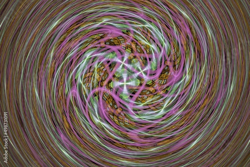 Green pink swirling pattern of crooked waves on a black background. Abstract image. 3D fractal rendering