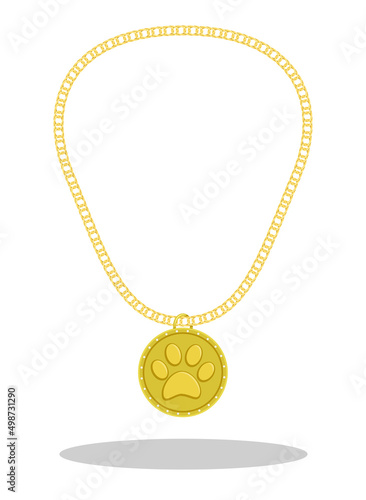 gold medal with diamonds and paw print for participation in animal competitions. Prize for winner of pet competition. Cartoon vector isolated on white background