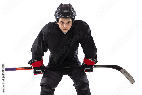 Photography Portrait of boy, child, hockey player posing, training isolated over white studi