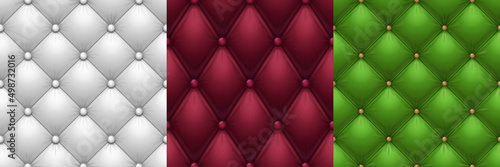 Leather upholstery textures, luxury sofa fabric. Vector realistic backgrounds, seamless patterns of upholstered furniture, couch or chair surface. White, red and green sofa cover with buttons