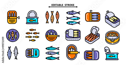 Sardine icons set color editable stroke vector