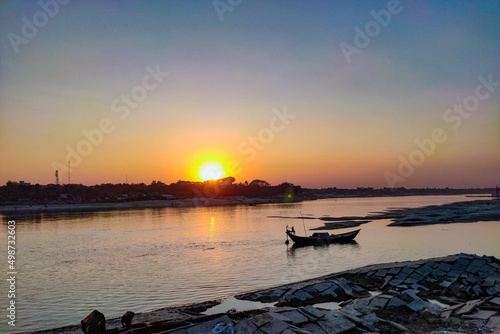 Beautiful sunset over the river photo