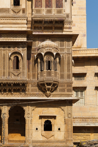 Rich decorated exterior of the Kothari's Patwa Haveli (Patwon ki Haveli in Jaisalmer, Rajasthan, India, Asia photo