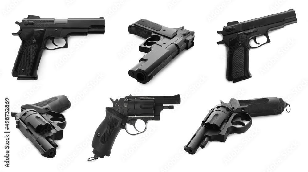 Set with different handguns on white background Set with different handguns on white background