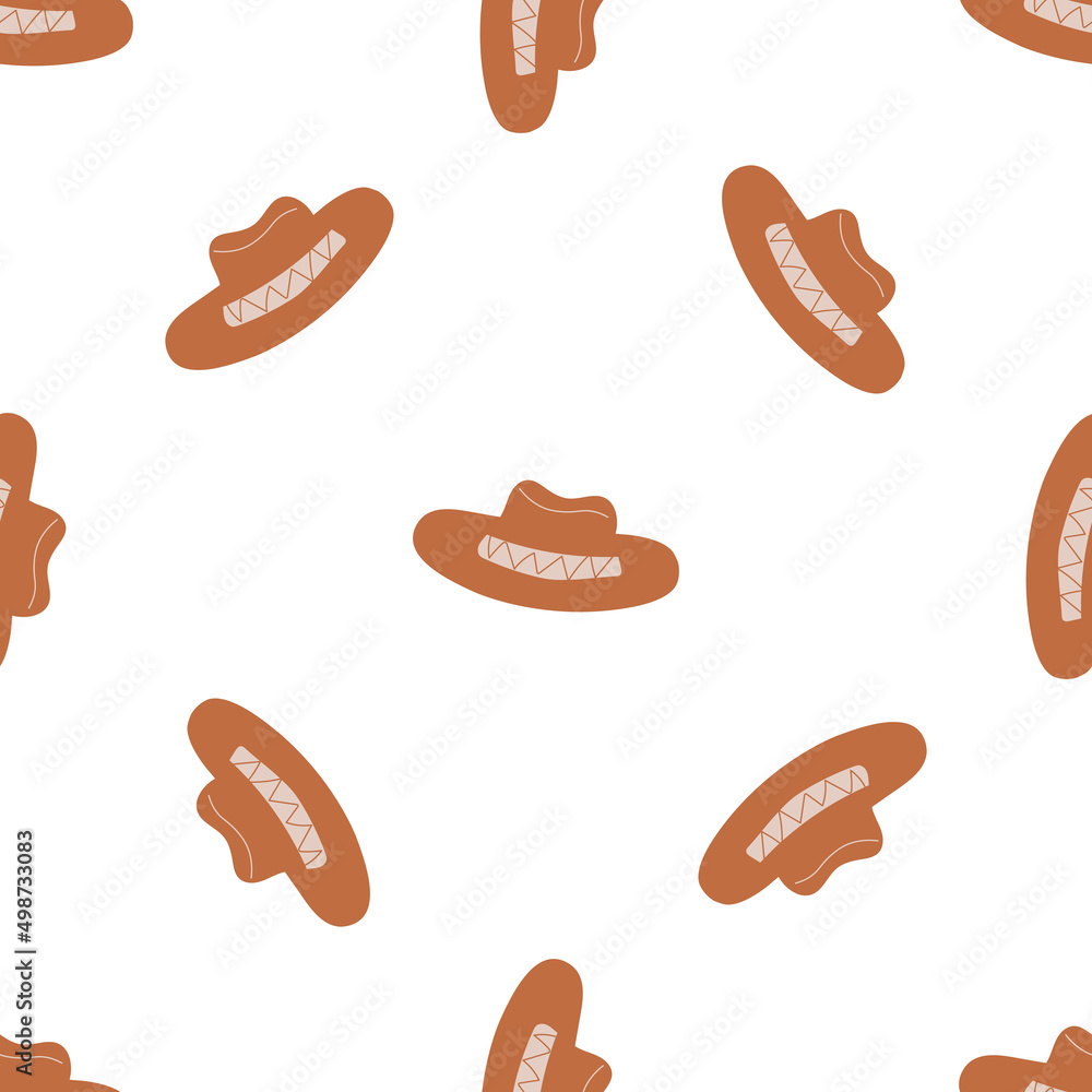 Cowboy hat seamless pattern. Headdress on a light background. Wild West theme. Hand drawn colored Simple childish vector illustration. Cowboy hat seamless pattern. Headdress on a light background. Wild West theme. Hand drawn colored Simple childish vector illustration.