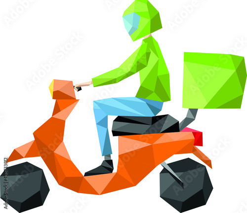 ilustracion vectorial en estilo poligonal  de repartidor en moto que entrega una pizza.