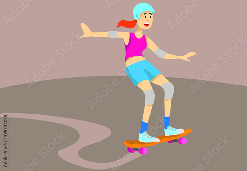 chica joven patinando feliz con un skateboard. Lleva casco y protecciones 