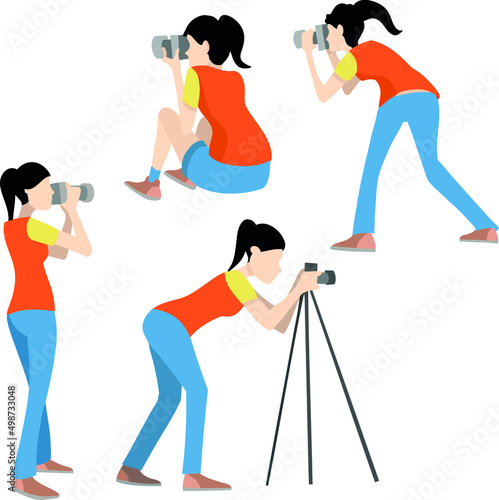 ilustracion vectorial  de mujer joven tomando fotos en varias posturas 