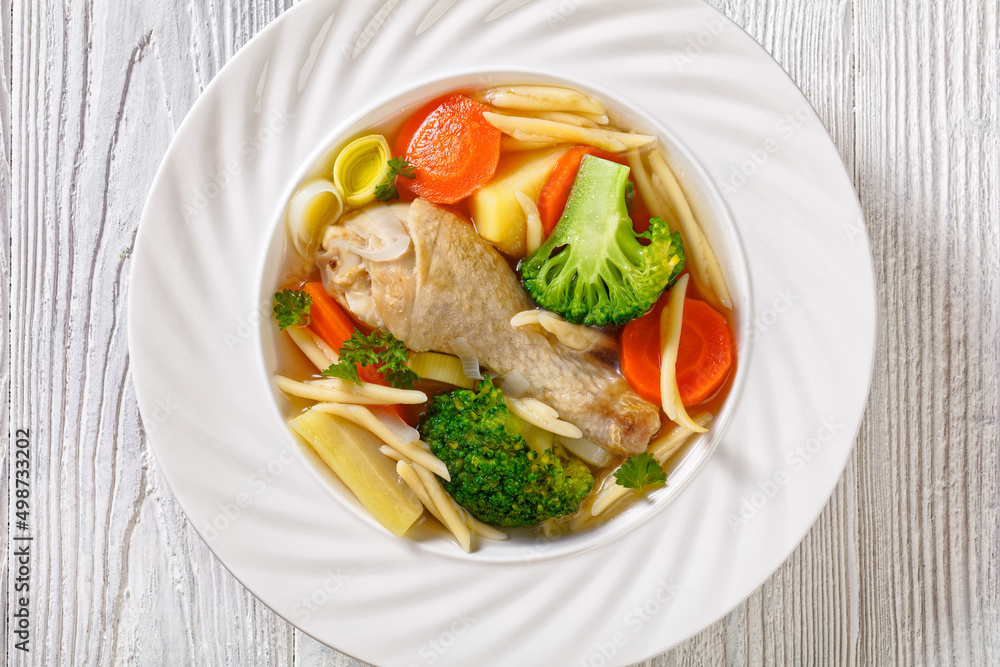 chicken vegetable soup with pasta in white bowl chicken vegetable soup with pasta in white bowl