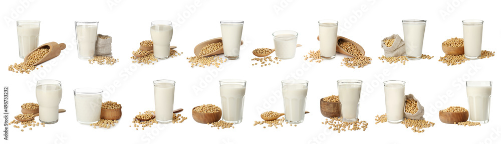 Set with natural soy milk and beans on white background. Banner design Set with natural soy milk and beans on white background. Banner design