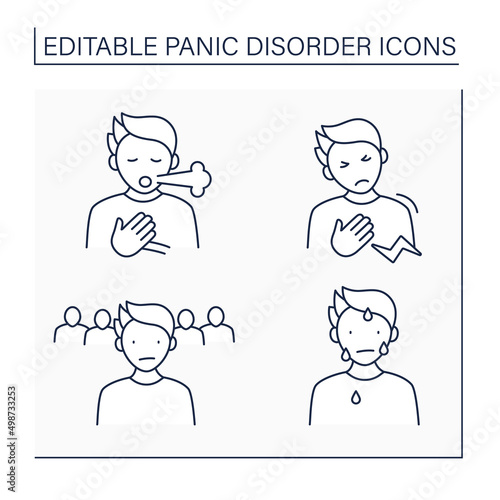 Panic disorder line icons set. Breath shortness, chest discomfort, loneliness, sweating. Anxiety disorder concept. Isolated vector illustrations. Editable stroke