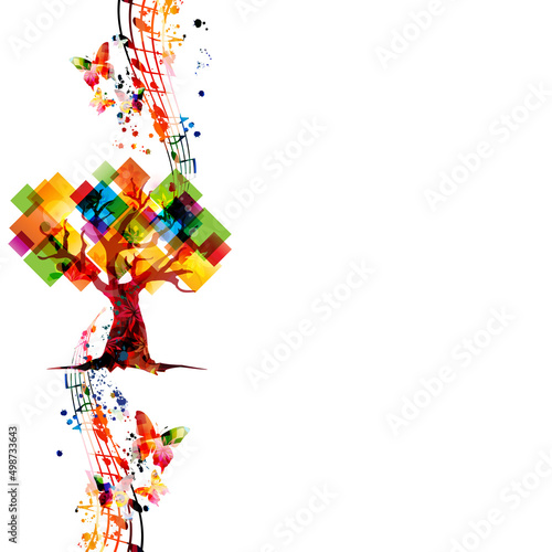 Relaxing music concept with tree and musical notes isolated vector illustration. Calming colorful musical design, nature inspired with musical staff