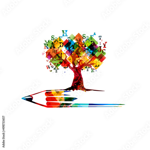 Inspiring and original writing concept with tree, alphabet letters and pencil isolated vector illustration. Creative colorful design for content writing, copywriting, blog, storytelling, education