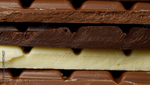 Various colored bars of chocolate layered on top of each other as a close-up