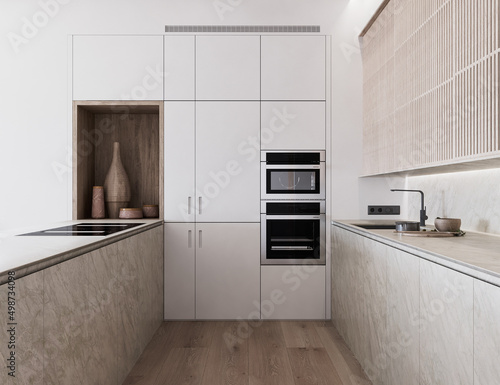 3d render illustration mockup. White cozy kitchen with marble and wood cabinets photo