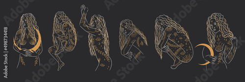 woman contour astrology, goddess of female power. zodiac signs, tarot cards, fortune-telling and predictions, forecast