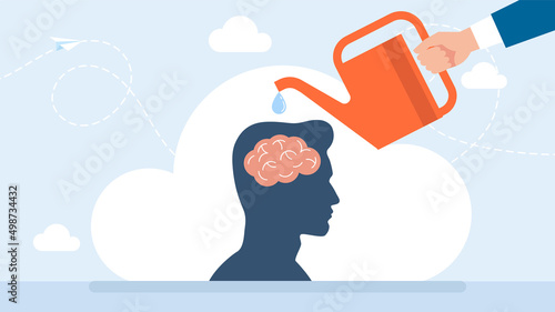 Brainstorming. Growth of creativity. Watering the brain with a watering can. Concept of generation of innovative ideas, creative thought, creativity and imagination. Flat cartoon business illustration