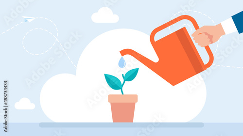 The metaphor of business development. Watering plant from a watering can. Concept of generation of innovative ideas, creative thought, creativity, and imagination. Flat cartoon business illustration