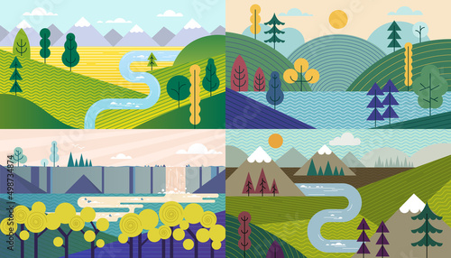 Abstract landscape vector set. Banners set with polygonal mountains landscape illustrations. Minimalistic style. Simple flat design. Hiking. Travel concept of discovering, exploring, observing nature.
