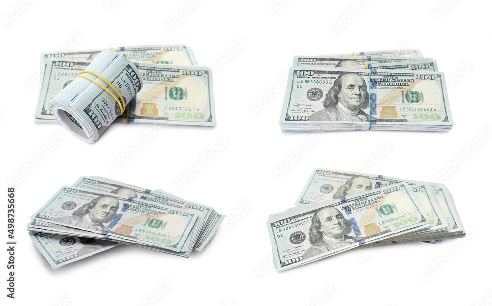 Many dollar banknotes on white background, collage. American national currency Many dollar banknotes on white background, collage. American national currency