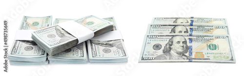 Many dollar banknotes on white background, collage. American national currency photo