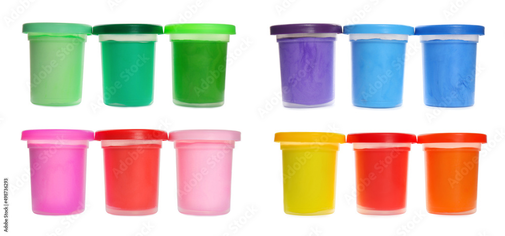 Set with different colorful play dough on white background. Banner design Set with different colorful play dough on white background. Banner design
