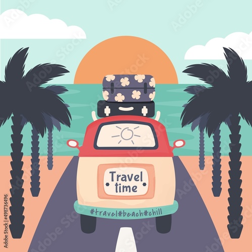 Bus camper with bags driving down road to the sea or ocean. Family car trip. Summer beach background. Travel by minibus concept. Vector cartoon flat illustration 