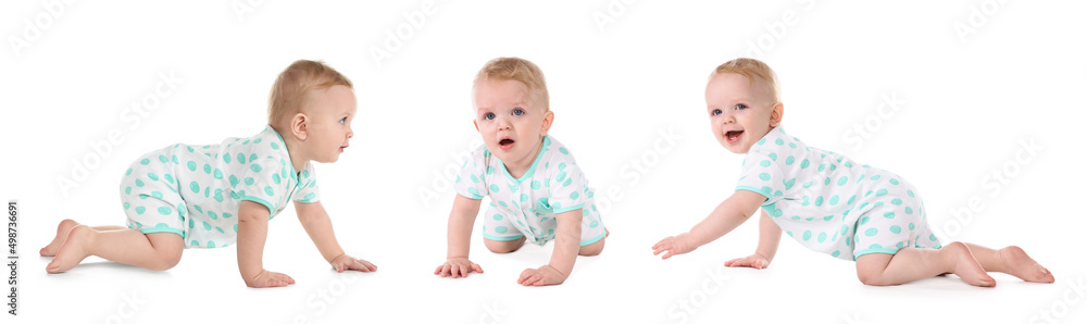 Collage with photos cute little baby crawling on white background. Banner design Collage with photos cute little baby crawling on white background. Banner design