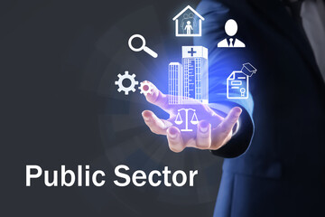 Public Sector concept. Man presenting different virtual icons on grey background, closeup